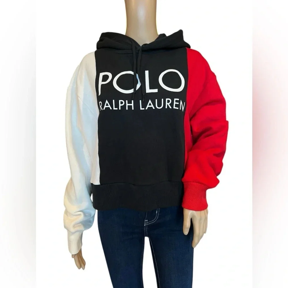 Polo Ralph Lauren Womens Color Block Logo Hoodie Black/ Multi Pullover Size M - Picture 4 of 14
